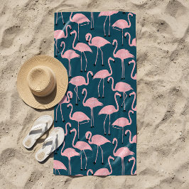 Retro Handgetekend Flamingo Patroon | Teal Roze Strandlaken