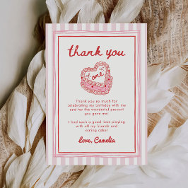 Retro handgetekend Valentijnsmeisje eerste verjaar Bedankkaart