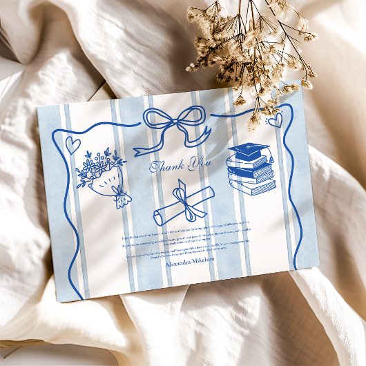 Retro handgetekende blauw Afstuderen Bedankkaart