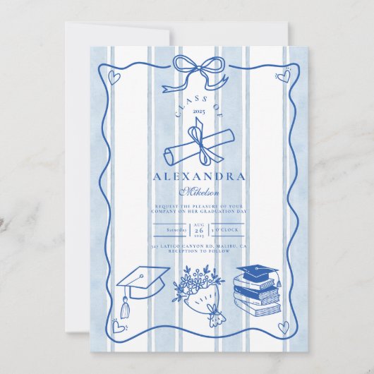 Retro handgetekende blauw Afstuderen Kaart (Voorkant)