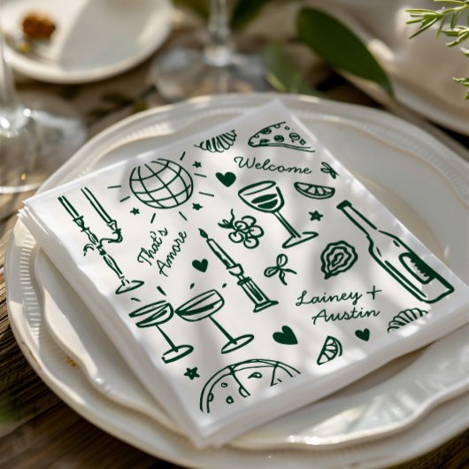 Retro handgetekende geïllustreerde bruiloft servet