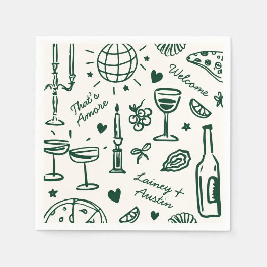 Retro handgetekende geïllustreerde bruiloft servet (Voorkant)