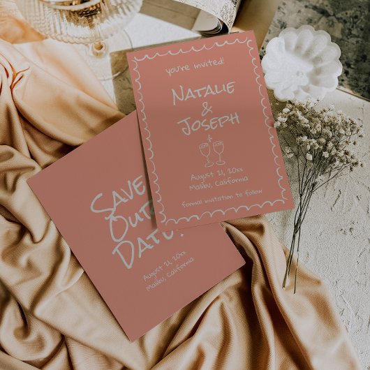 Retro Handgetekende Geschreven Koraal Funky Leuke  Save The Date