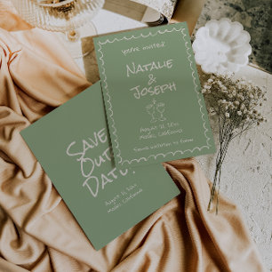 Retro handgetekende groene funky boho bruiloft save the date
