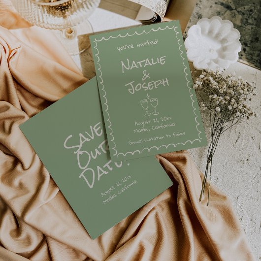 Retro handgetekende groene funky boho bruiloft save the date