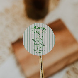 Retro handgetekende groene grappige kerstboom  ronde sticker