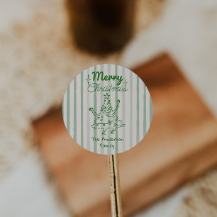 Retro handgetekende groene grappige kerstboom  ronde sticker