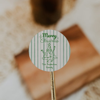 Retro handgetekende groene grappige kerstboom ronde sticker