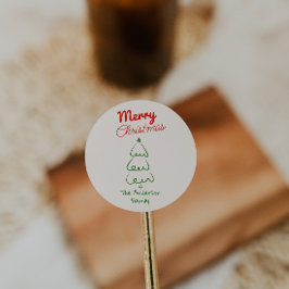Retro handgetekende groene rode abstracte kerstboo ronde sticker
