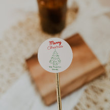 Retro handgetekende groene rode kerstboom vintage