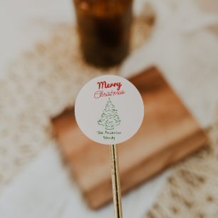 Retro handgetekende groene rode kerstboom vintage ronde sticker