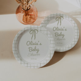Retro handgetekende groene strik gingham babyshowe papieren bordje