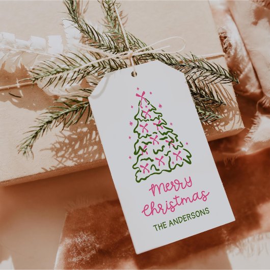 Retro handgetekende kerstboom kerstfeest cadeaulabel