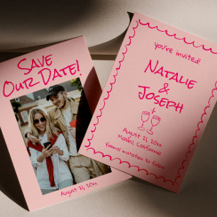 Retro Handgetekende Kleurrijke Foto Huwelijk Save The Date
