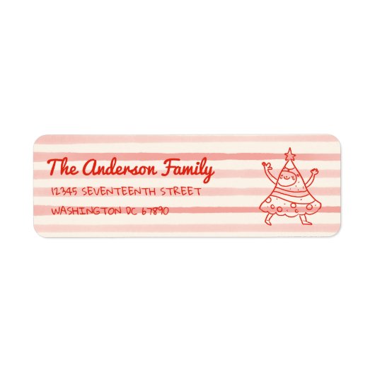 Retro handgetekende rode grappige kerstboom adres etiket (Voorkant)