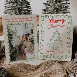 Retro handgetekende rode groene vintage kerstboom  feestdagenkaart