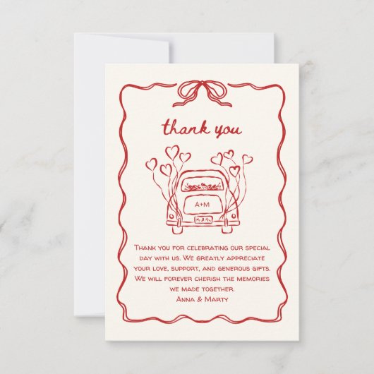 Retro handgetekende rode unieke boog trouwauto bedankkaart (Voorkant)