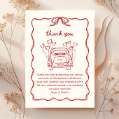Retro handgetekende rode unieke boog trouwauto bedankkaart