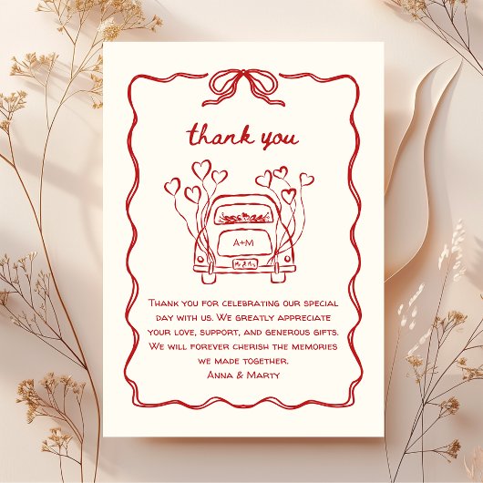 Retro handgetekende rode unieke boog trouwauto bedankkaart
