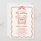 Retro handgetekende rode unieke boog trouwauto kaart (Voorkant)