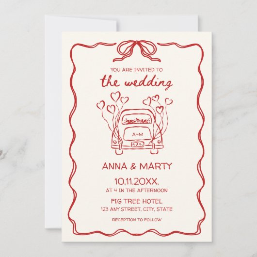 Retro handgetekende rode unieke boog trouwauto kaart (Voorkant)