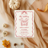 Retro handgetekende rode unieke boog trouwauto kaart