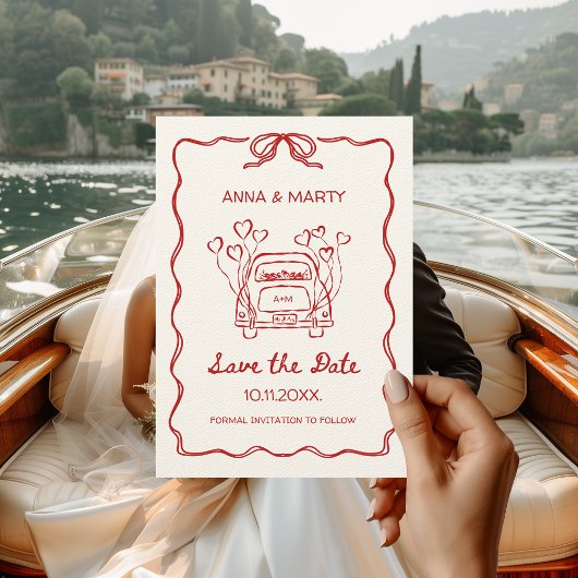 Retro Handgetekende Rode Unieke Boog Trouwauto Save The Date