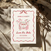 Retro Handgetekende Rode Unieke Boog Trouwauto Save The Date