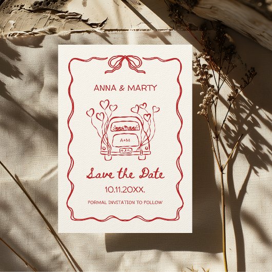 Retro Handgetekende Rode Unieke Boog Trouwauto Save The Date