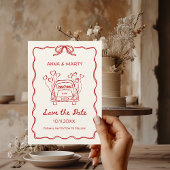 Retro Handgetekende Rode Unieke Boog Trouwauto Save The Date