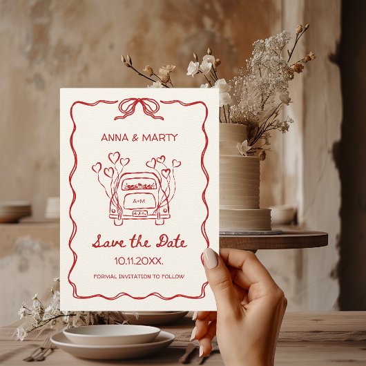 Retro Handgetekende Rode Unieke Boog Trouwauto Save The Date