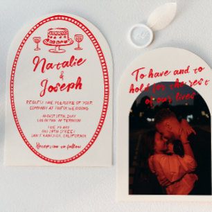 Retro Handgetekende Rode Unieke Foto Gebogen Trouw Kaart