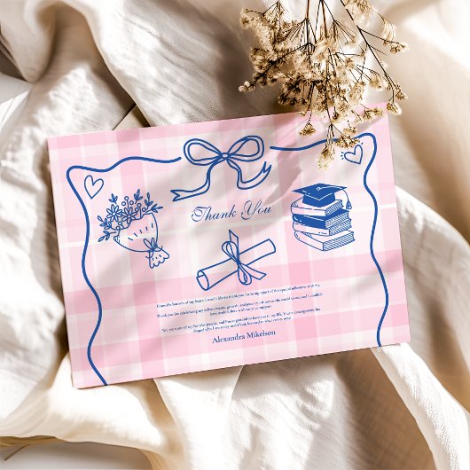 Retro handgetekende roze en blauw Afstuderen Bedankkaart