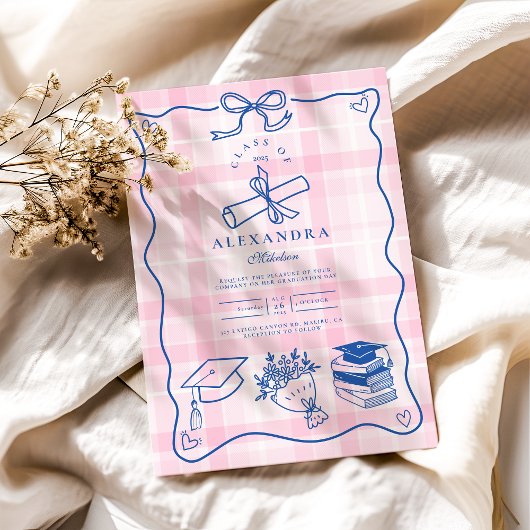 Retro handgetekende roze en blauw Afstuderen Kaart