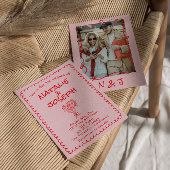 Retro Handgetekende Roze Rode Funky Bruiloft Kaart