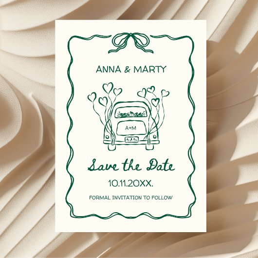 Retro handgetekende Sage Green Unieke boog Trouwau Save The Date