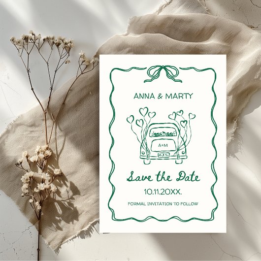 Retro Handgetekende Salie Groene Unieke Strik Trou Save The Date