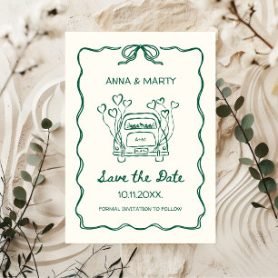 Retro Handgetekende Saliegroen Unieke Boog Trouwau Save The Date