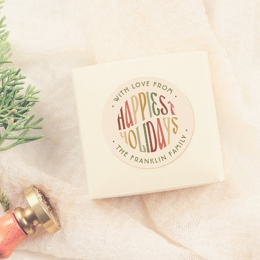 Retro Happiest Feestdagen Familienaam Kerst Ronde Sticker