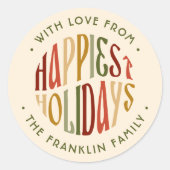 Retro Happiest Feestdagen Familienaam Kerst Ronde Sticker (Voorkant)