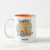 Retro Happy Camper Coral Blauwgroen Name Coffee Mo Tweekleurige Koffiemok (Links)