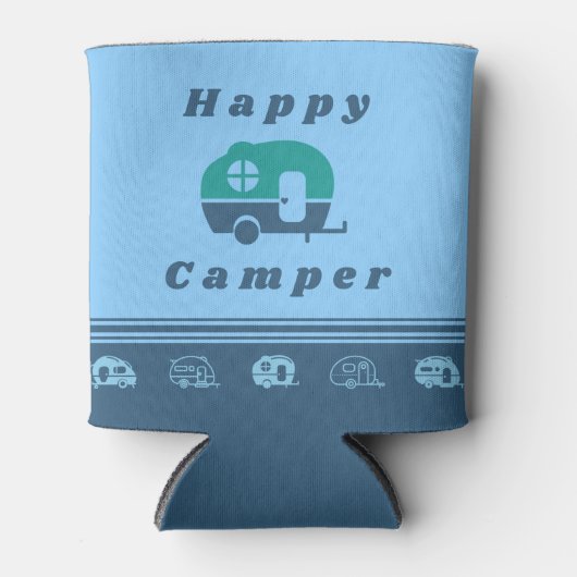 Retro Happy Camper Koelbox in blauw en Blauwgroen Blikjeskoeler (Voorkant)