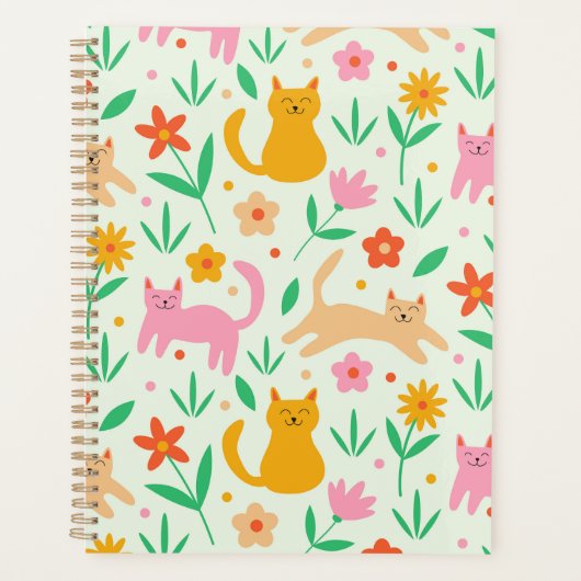 Retro Happy Cats met Oranje rode en perzikbloemen Planner (Voorkant)