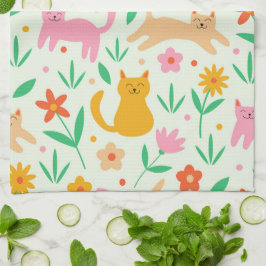 Retro Happy Cats met Oranje rode en perzikbloemen Theedoek