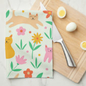 Retro Happy Cats met Oranje rode en perzikbloemen Theedoek (Quarter Fold)