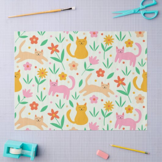 Retro Happy Cats met Oranje rode en perzikbloemen Tissuepapier (Craft)
