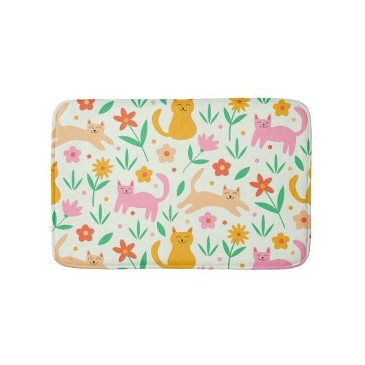 Retro Happy Cats with Orange Red and peach flowers Badmat (Voorkant)