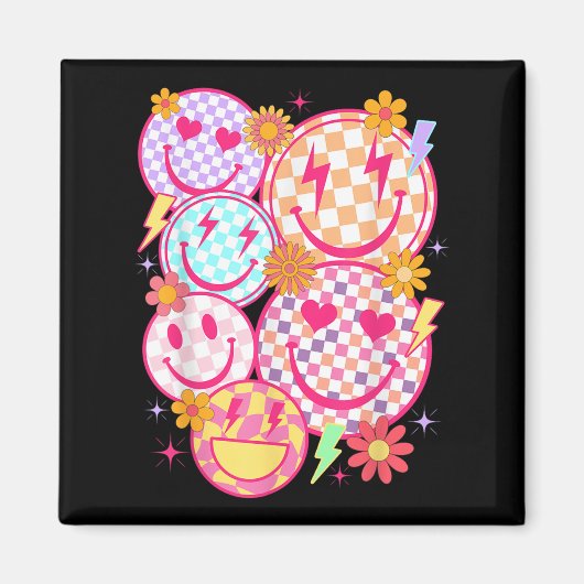Retro Happy Face Checkered Pattern Smile Face Tren Magneet (Voorkant)