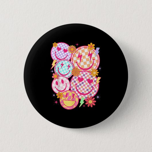 Retro Happy Face Checkered Pattern Smile Face Tren Ronde Button 5,7 Cm (Voorkant)