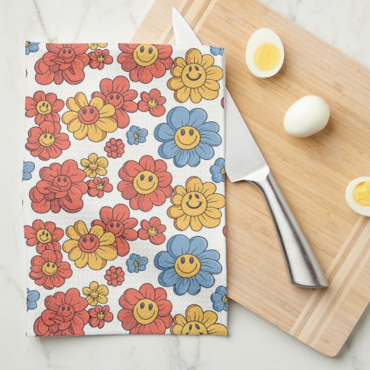 Retro Happy Face Florals Theedoek (Quarter Fold)